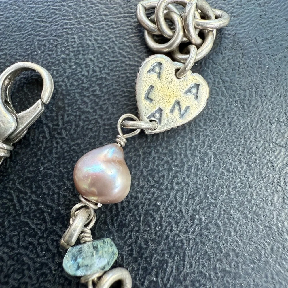 Elegant Sterling Silver Aquamarine & Pearl Bracelet by Alana Leigh Love Signed